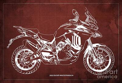 Car Design Icons - 2022 Ducati Multistrada V4 Blueprint,Red Background by Drawspots Illustrations