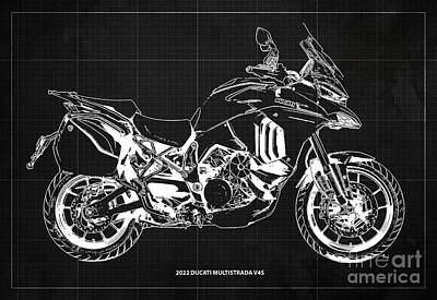 Whimsical Animal Illustrations - 2022 Ducati Multistrada V4S Blueprint,Dark Grey Background by Drawspots Illustrations