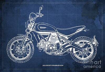 Whimsical Animal Illustrations - 2022 Ducati Scrambler Icon Blueprint,Blue Background by Drawspots Illustrations