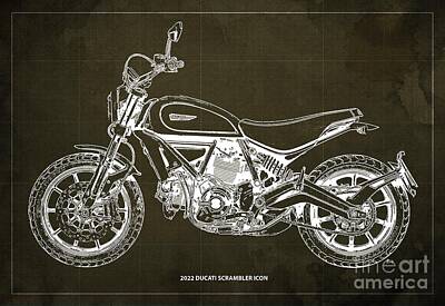 Only Orange - 2022 Ducati Scrambler Icon Blueprint,Brown Background by Drawspots Illustrations