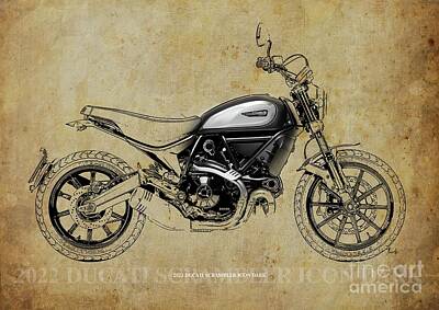 Colorful Abstract Animals - 2022 Ducati Scrambler Icon Dark Artwork,Vintage Brown Background,Gift Ideas by Drawspots Illustrations