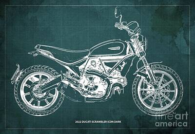 Car Design Icons - 2022 Ducati Scrambler Icon Dark Blueprint,Green Background,Gift Ideas by Drawspots Illustrations