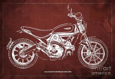 Car Design Icons - 2022 Ducati Scrambler Icon Dark Blueprint,Red Background,Gift Ideas by Drawspots Illustrations