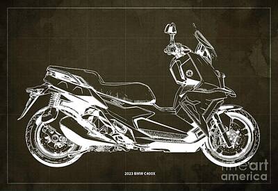 Cityscape Gregory Ballos - 2023 BMW C400X Blueprint,Brown Background,Drawspots,Gift Ideas for Bikers by Drawspots Illustrations