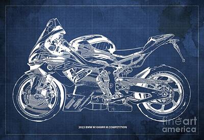 Antiquated Architectural Blueprints - 2023 BMW M1000RR M Competition Blueprint,Blue Background,Christmas Gift by Drawspots Illustrations