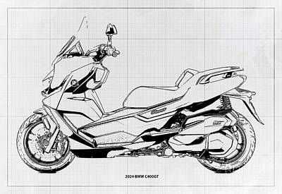 Drawings Royalty Free Images - 2024 BMW C400GT Blueprint,Vintage White Background Royalty-Free Image by Drawspots Illustrations