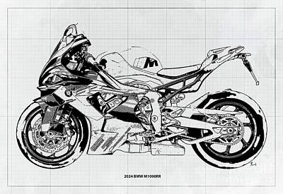 Drawings Rights Managed Images - 2024 BMW M1000RR Blueprint,Vintage White Background,Drawspots,Gifts for Bikers Royalty-Free Image by Drawspots Illustrations