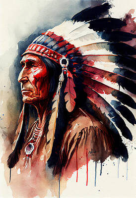 Mixed Media Royalty Free Images - Cherokee Indian Chief Watercolour Royalty-Free Image by Stephen Smith Galleries