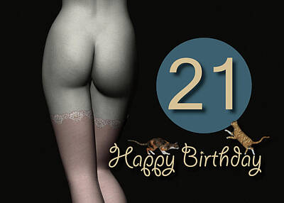 Roses Digital Art - 21th Birthday Sexy Girl with Stockings and playing Cats by Jan Keteleer