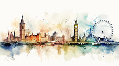 Skylines Mixed Media Royalty Free Images - London Skyline Watercolour #25 Royalty-Free Image by Stephen Smith Galleries