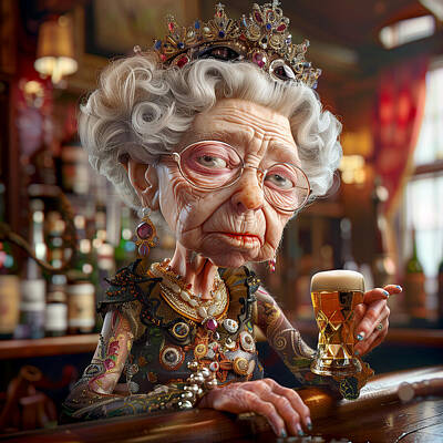 Food And Beverage Mixed Media Rights Managed Images - Queen Elizabeth II Caricature Royalty-Free Image by Stephen Smith Galleries