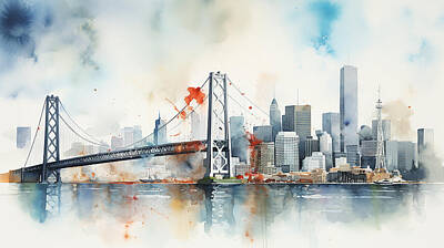 Skylines Mixed Media - San Fransisco Skyline Watercolour #30 by Stephen Smith Galleries