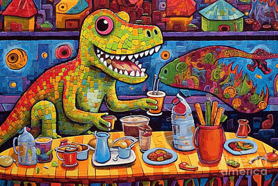 Food And Beverage Paintings - 3d very bright and colorful Tyrannosaurus Dinos by Asar Studios by Celestial Images