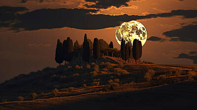 Landscapes Paintings - A Harvest Moon over Tuscany by Asar Studios by Asar Studios