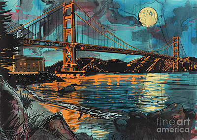 Landmarks Paintings - A moody drawing of San Franciscos Golden Gate Bridge at dusk by Cortez Schinner