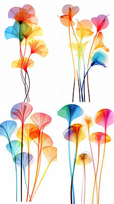 Abstract Flowers Paintings - Abstract Curved Flowers TranslucencyLightPerspe by Asar Studios by Asar Studios