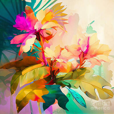 Abstract Landscape Digital Art - abstract  tropical  floral  painting  in  the  style  by Asar Studios by Celestial Images