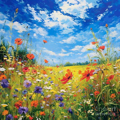 Royalty-Free and Rights-Managed Images - acrylic  painting  of  flowers  field  blue  nice  sky  by Asar Studios by Celestial Images