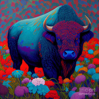 Landmarks Digital Art - American  buffalo    nature  flowers  Yayoi  Kusama  by Asar Studios by Celestial Images