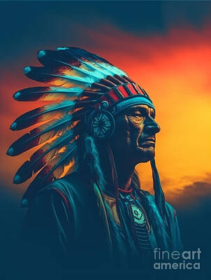 Landmarks Painting Royalty Free Images - American  Indian  Chief  Surreal  Cinematic  Minimal  by Asar Studios Royalty-Free Image by Celestial Images