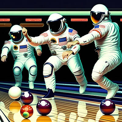 Digital Art Rights Managed Images - Astronaut Playing Bowling, Generative AI Illustration Royalty-Free Image by Miroslav Nemecek