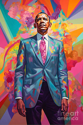Politicians Paintings - Barack  Obama    vibrant  by Asar Studios by Celestial Images