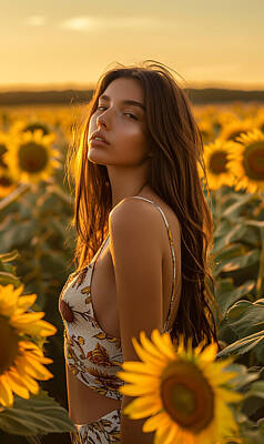 Sunflowers Royalty Free Images - Beautiful woman in a field of Sunflowers Royalty-Free Image by Tim Hill