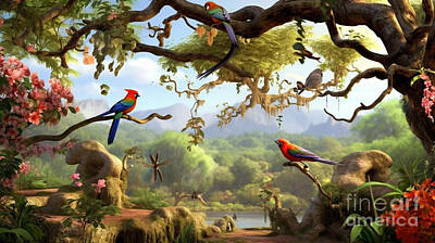 Animals Paintings - Birds  sing  melodiously  from  the  branches  by Asar Studios by Celestial Images
