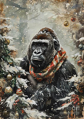 Mammals Drawings - Christmas Gorilla Xmas animal holiday Merry Christmas by Clint McLaughlin