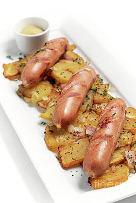 The Modern Diner - German Cheese Sausages With Fried Potato And Mustard by JM Travel Photography