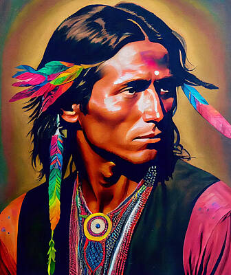 Landmarks Digital Art - Handsome  young  native  American  Indian  Neon  Art by Asar Studios by Celestial Images