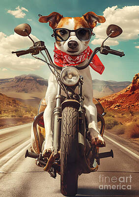 Ethereal - Jack Russell Terrier riding a motorcycle down a desert highway by Rhys Jacobson