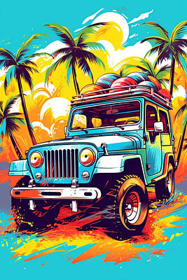 Royalty-Free and Rights-Managed Images - jeep  with  surfboards  on  hawaiian  beach  by Asar Studios by Celestial Images