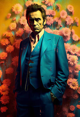 Actors Paintings - Johnny  Cash  is  dressed  in  a  short  blue  suit  by Asar Studios by Celestial Images