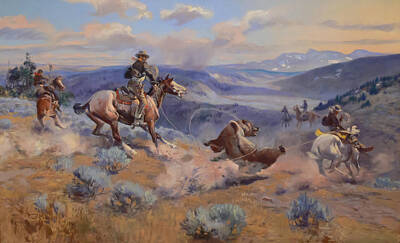 Skylines Paintings - Loops and Swift Horses are Surer than Lead by Charles Marion Russell by Mango Art