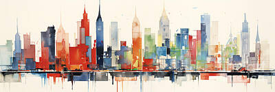 Skylines Paintings - New York City  skyline cityscape illustrious by Asar Studios by Celestial Images