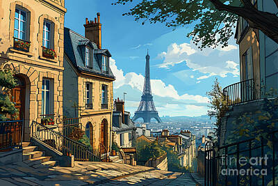 Paris Skyline Paintings - Paris skyline cityscape children storybook by Asar Studios by Celestial Images