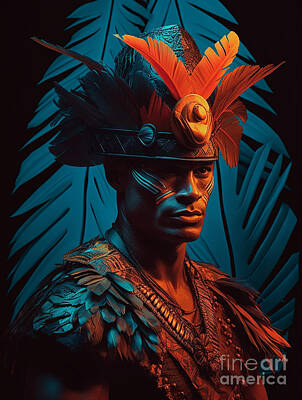Surrealism Paintings - Polynesian  Warrior  Surreal  Cinematic  Minimalist  by Asar Studios by Celestial Images