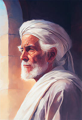 Portraits Digital Art - portrait  of  berber  with  white  turban  watercolor  by Asar Studios by Celestial Images