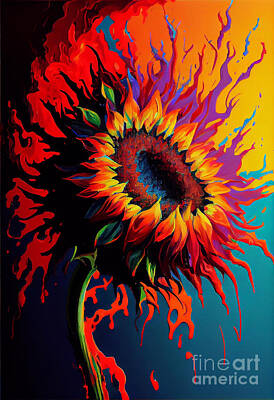 Sunflowers Digital Art Royalty Free Images - Sunflower fire Royalty-Free Image by Sabantha