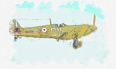 Transportation Paintings - Supermarine Spitfire Mkin watercolor ca by Ahmet Asar  by Celestial Images