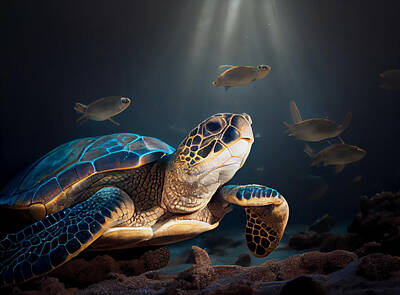 Beach Royalty-Free and Rights-Managed Images - Blue  Ocean  Sea  Turtle  and  baby  turtle  tortoise by Asar Studios by Celestial Images