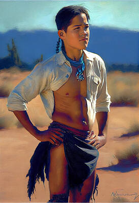 Impressionism Digital Art - Navajo  Boy  Beautiful  Impressionist  oil  painting  by Asar Studios by Celestial Images
