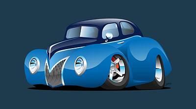 Landmarks Drawings - 30s American Street Rod Custom Coupe Cartoon by Jeff Hobrath