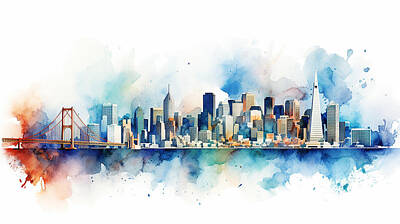 Skylines Mixed Media - San Fransisco Skyline Watercolour #32 by Stephen Smith Galleries