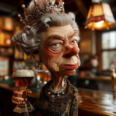 Beer Mixed Media Royalty Free Images - Queen Elizabeth II Caricature Royalty-Free Image by Stephen Smith Galleries