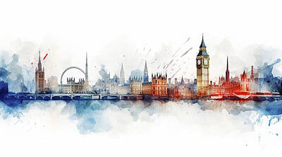 London Skyline Royalty-Free and Rights-Managed Images - London Skyline Watercolour #39 by Stephen Smith Galleries