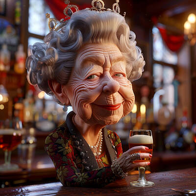 Beer Mixed Media Rights Managed Images - Queen Elizabeth II Caricature Royalty-Free Image by Stephen Smith Galleries