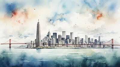 Skylines Mixed Media - San Fransisco Skyline Watercolour #39 by Stephen Smith Galleries
