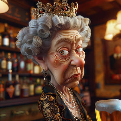 Beer Mixed Media Royalty Free Images - Queen Elizabeth II Caricature Royalty-Free Image by Stephen Smith Galleries